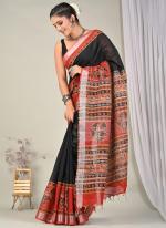 Pure Linen Cotton Black Casual Wear Pure Hand Work Saree